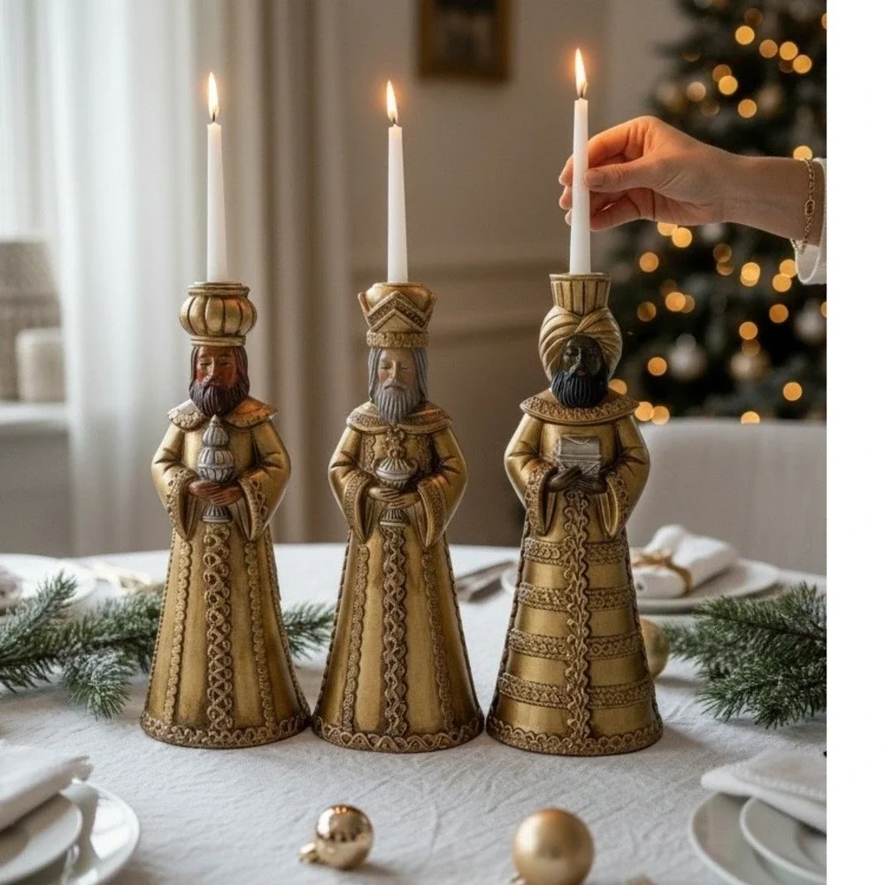 Vintage 9 Inch Papier Mache 3 Kings Candle Holder Set Gold Wise Men Japan JC-217